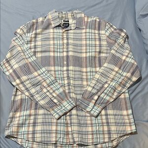 GAP Men's Plaid Button-Down Shirt - Light Blue, Tan, White